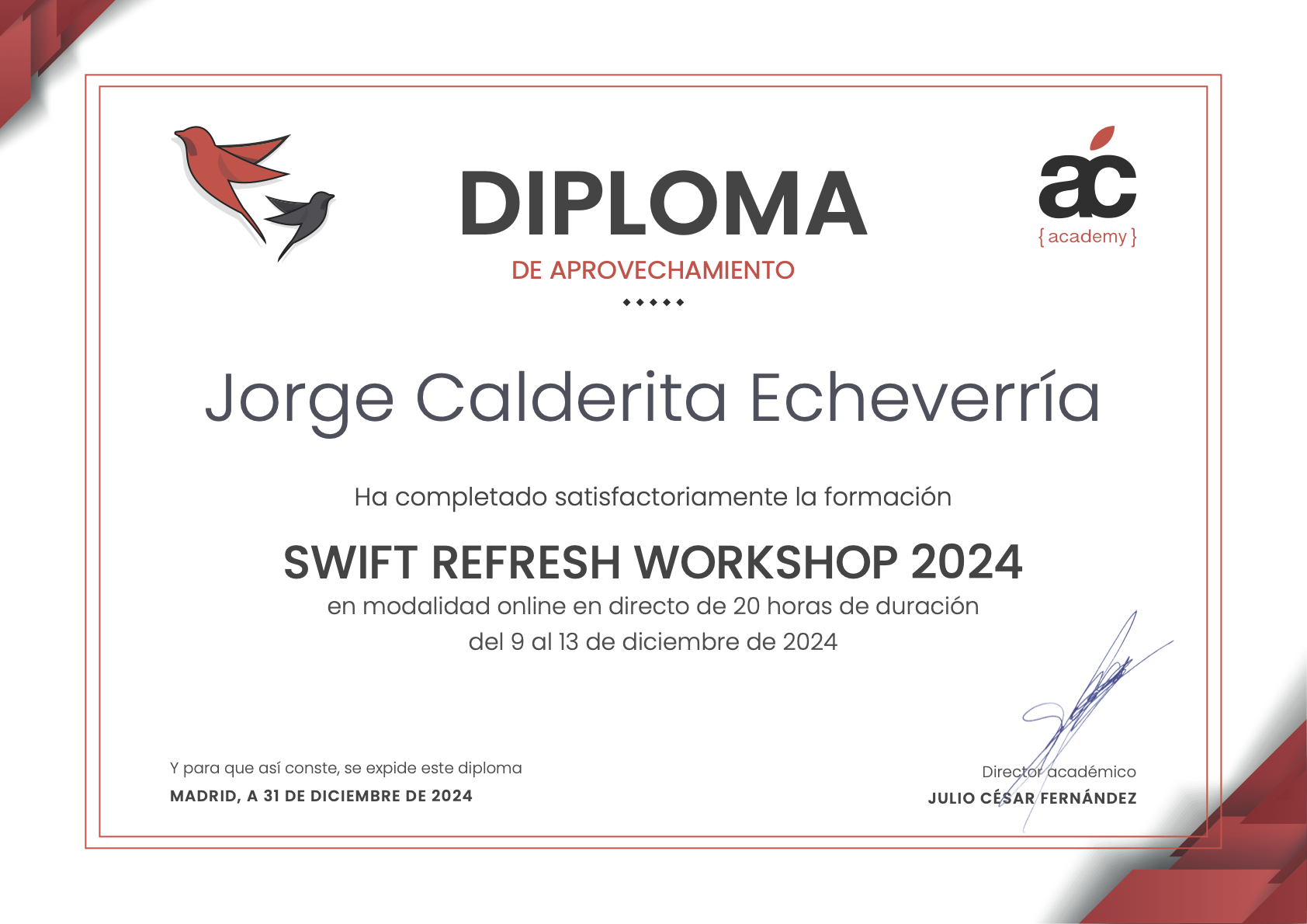 Certificate of completion, 20 hours.
